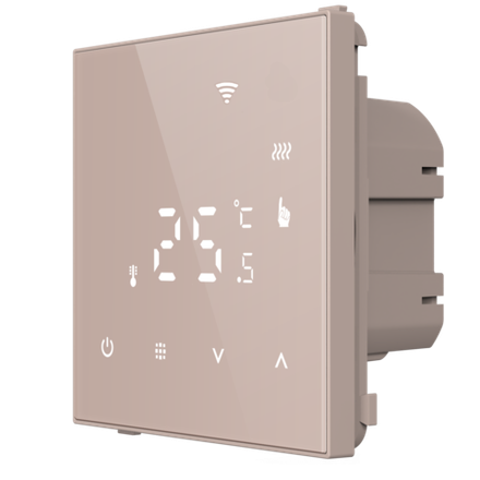 Термостат с датчиком пола программируемый через приложение,  с Wi-Fi,  16A,  размер накладки 70х70мм,  цвет стекло кашемир. Для установки в рамки с внутренним размером 70х70мм. Рамка в комплект поставки не входит.