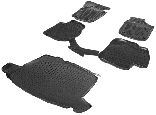 Коврики в салон и багажник автомобиля (комплект) AutoFlex для Skoda Rapid I, II поколение лифтбек 2013-2020 2020-н.в./Volkswagen Polo VI поколение лифтбек 2020-н.в., полиуретан, с крепежом, 5 частей, K9510101-2