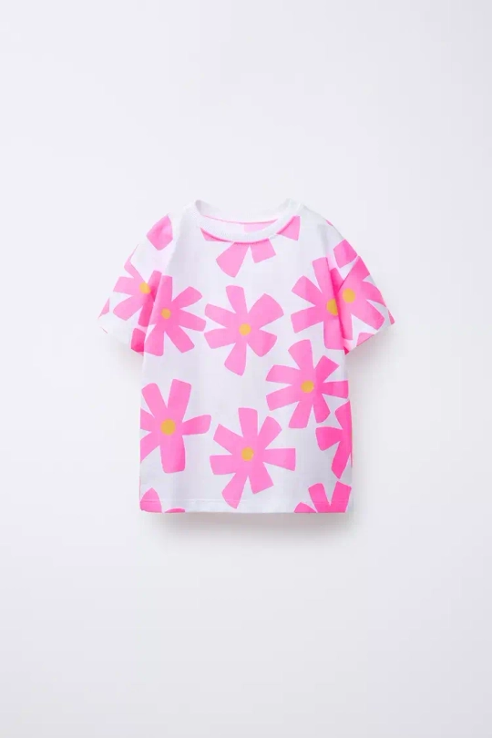 ZARA ФУТБОЛКА ИЗ ТКАНИ С ПРИНТОМ, РОЗОВЫЙ