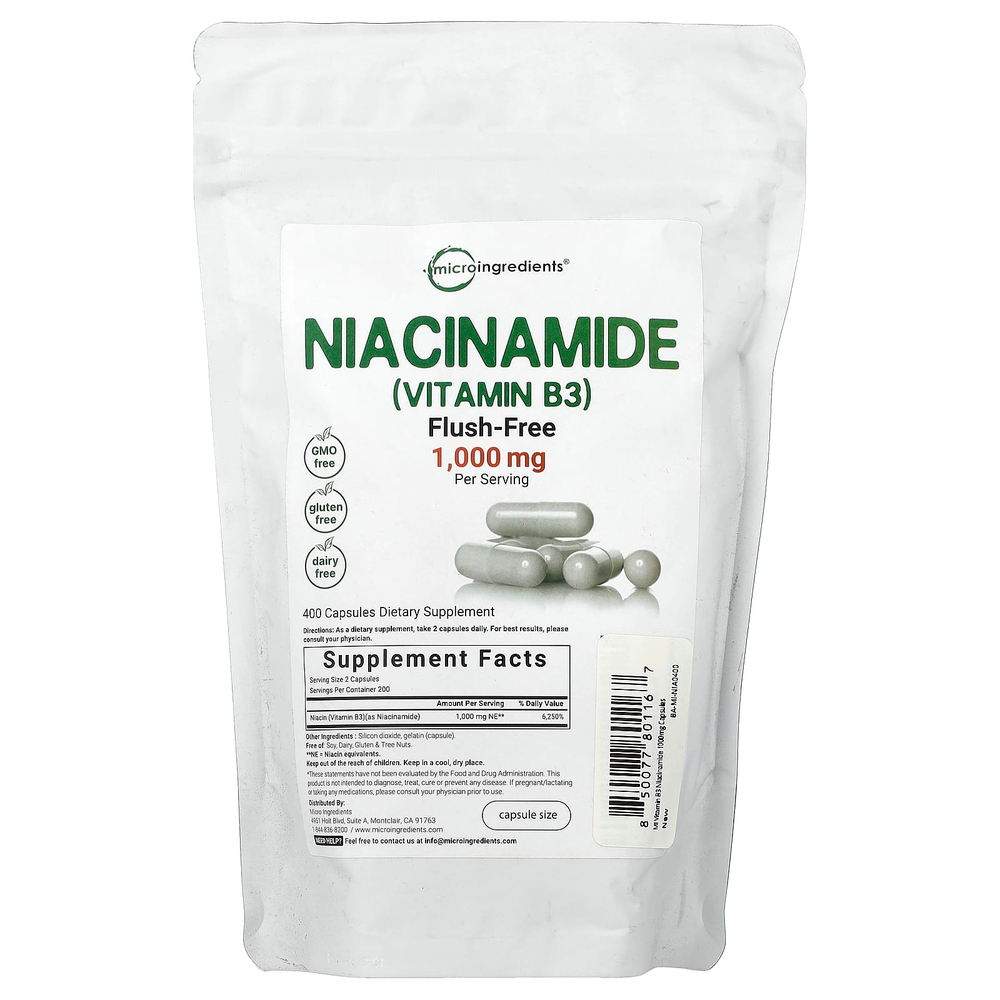 Micro Ingredients, никотинамид (витамин B3), 400 капсул (500 мг в 1 капсуле)