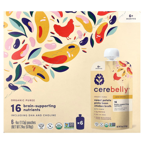 Cerebelly, органическое пюре, для детей от 6 месяцев, батат, фасоль пинто, куриный бульон с тмином, 6 паучей по 113 г (4 унции)