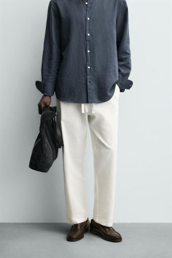 ZARA БРЮКИ RELAXED FIT ИЗ СМЕСИ ХЛОПКА, ЖЕЛТОВАТО-БЕЛЫЙ