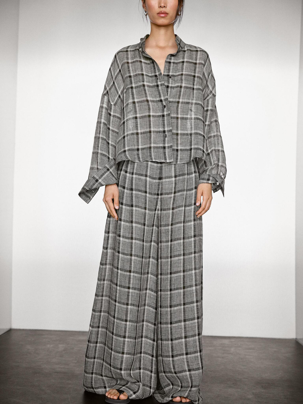 Massimo Dutti Брюки-палаццо 100% льняные в клетку, бежевый