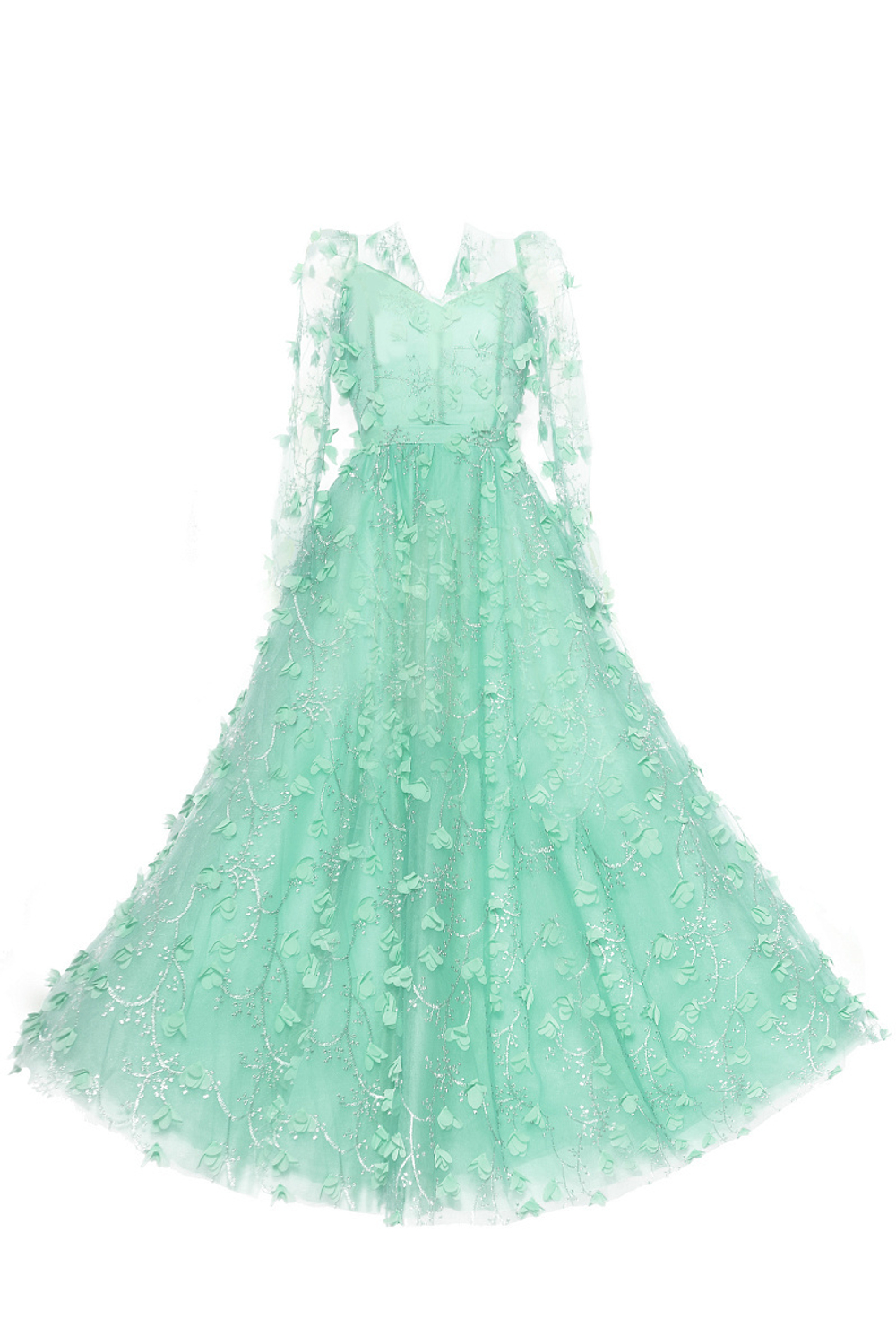 Вечернее платье в пол мятное из сетки с вышивкой 64-16SS