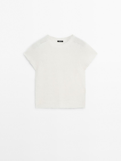 Massimo Dutti Трикотажный свитер из смесовой альпаки с короткими рукавами, натуральный, кремовый