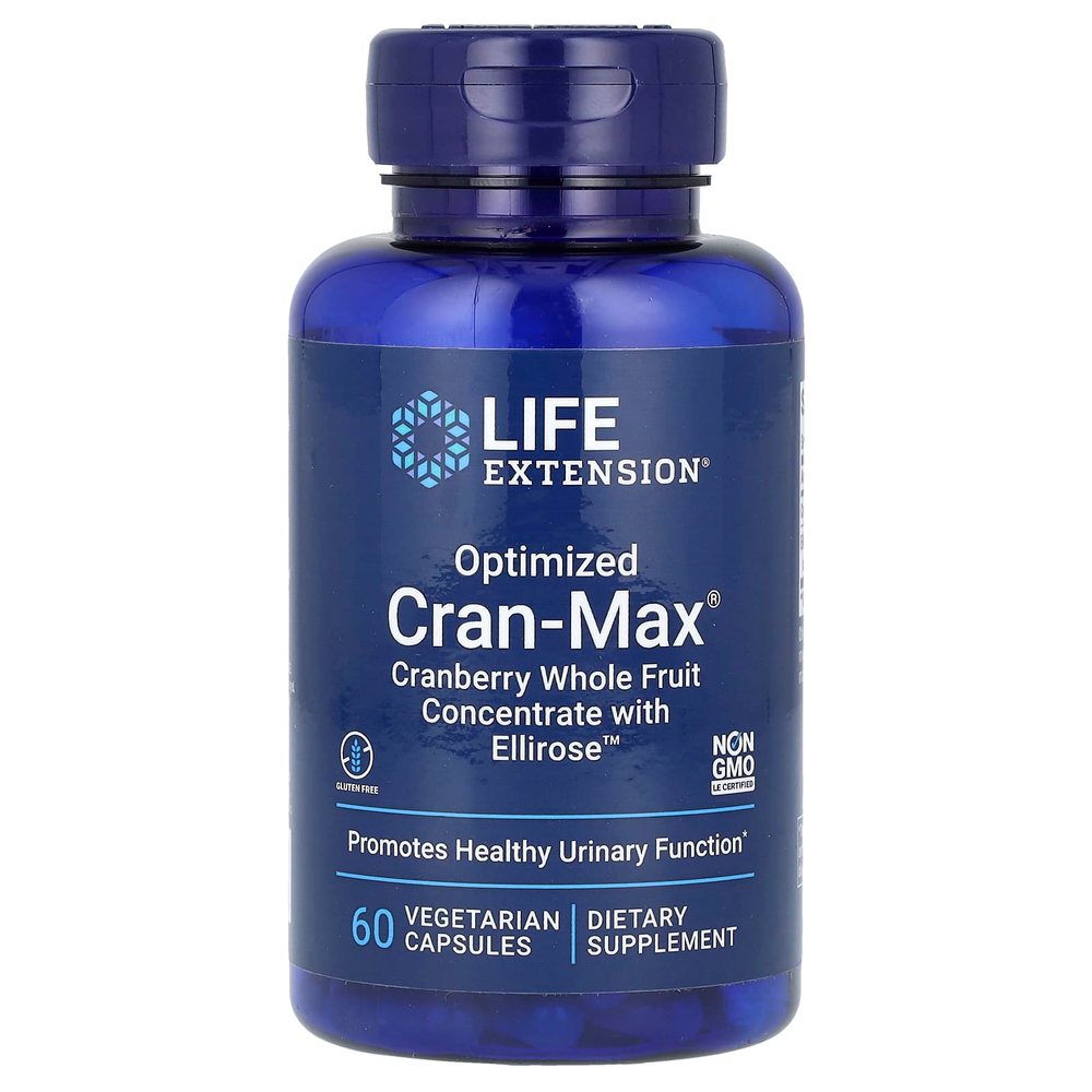Life Extension, Optimized Cran-Max, концентрат из цельных ягод клюквы с Ellirose, 60 вегетарианских капсул