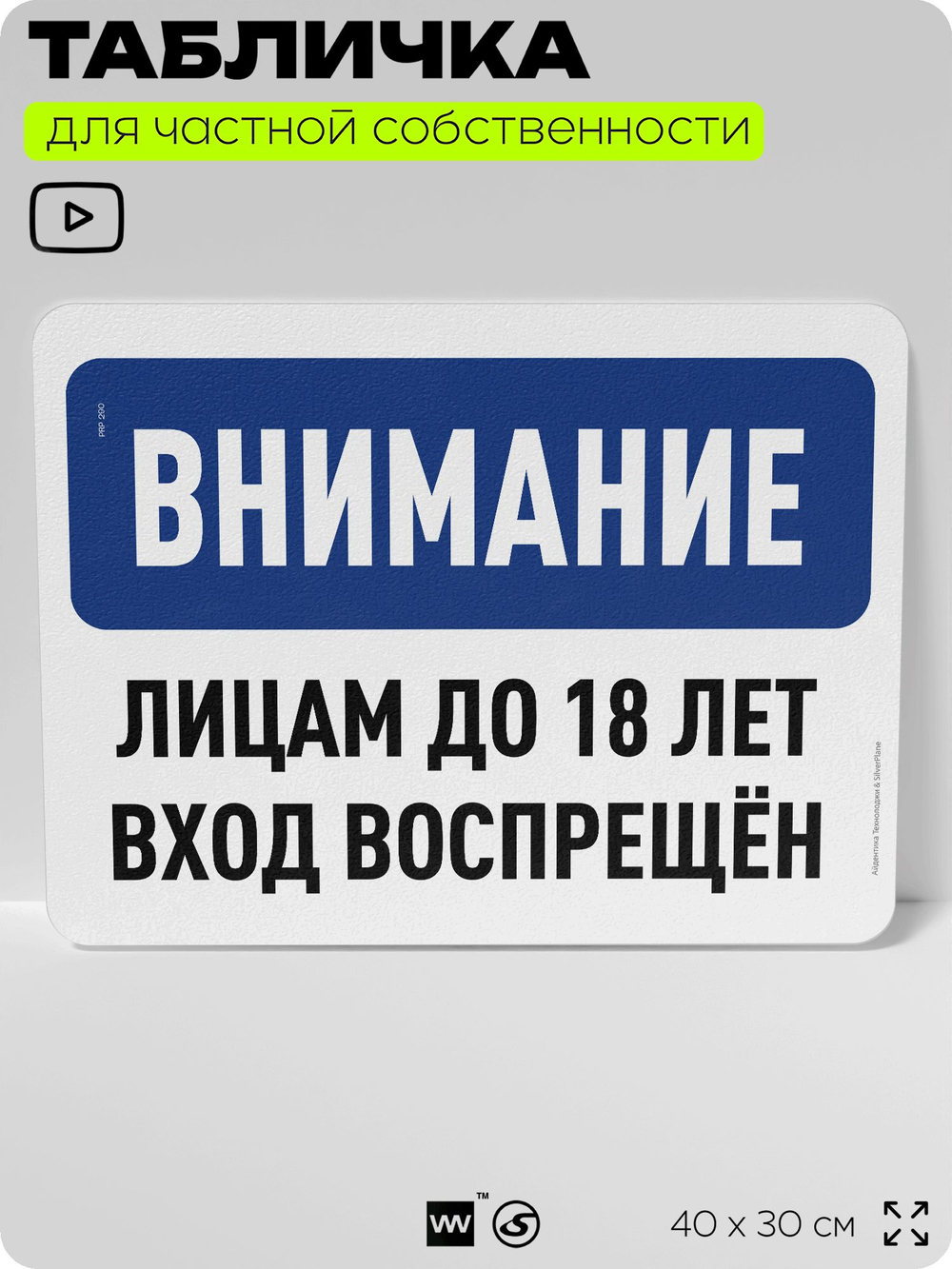 Табличка для частной территории "Внимание, лицам до 18 лет вход воспрещен", на дом, для участка, организаций и частных территорий, предупреждающая, 40х30 см, Silver Plane x Айдентика Технолоджи