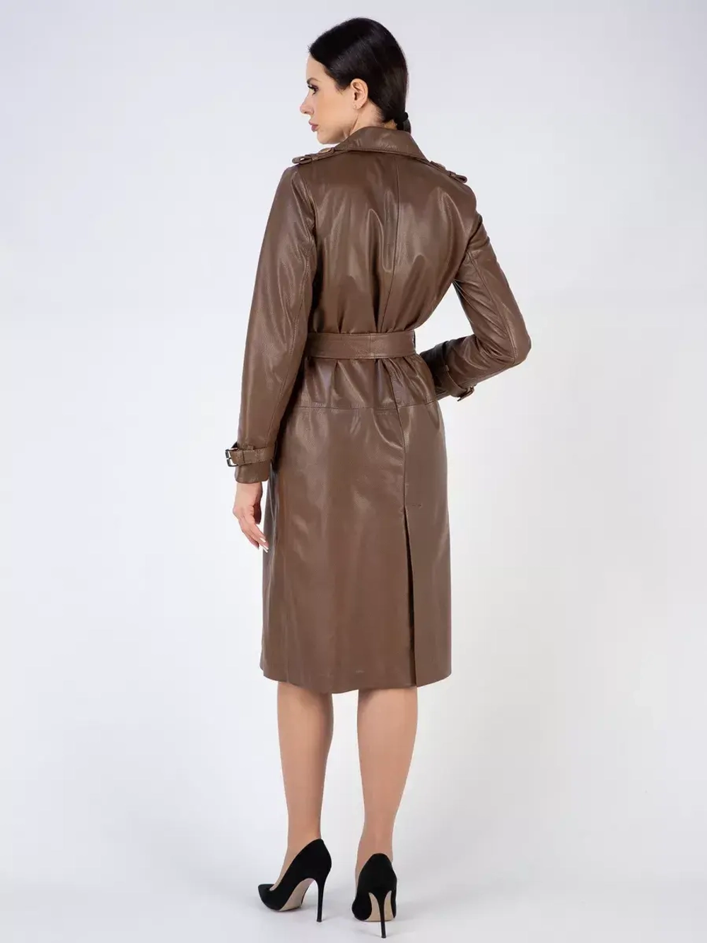 Тренч длинный кожаный с поясом плащ на осень