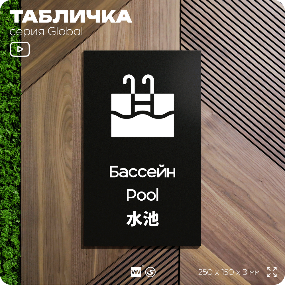 Табличка Бассейн, на дверь и стену, информационная и мультиязычная (русский, английский, китайский), серия GLOBAL, 25х15 см, Айдентика Технолоджи