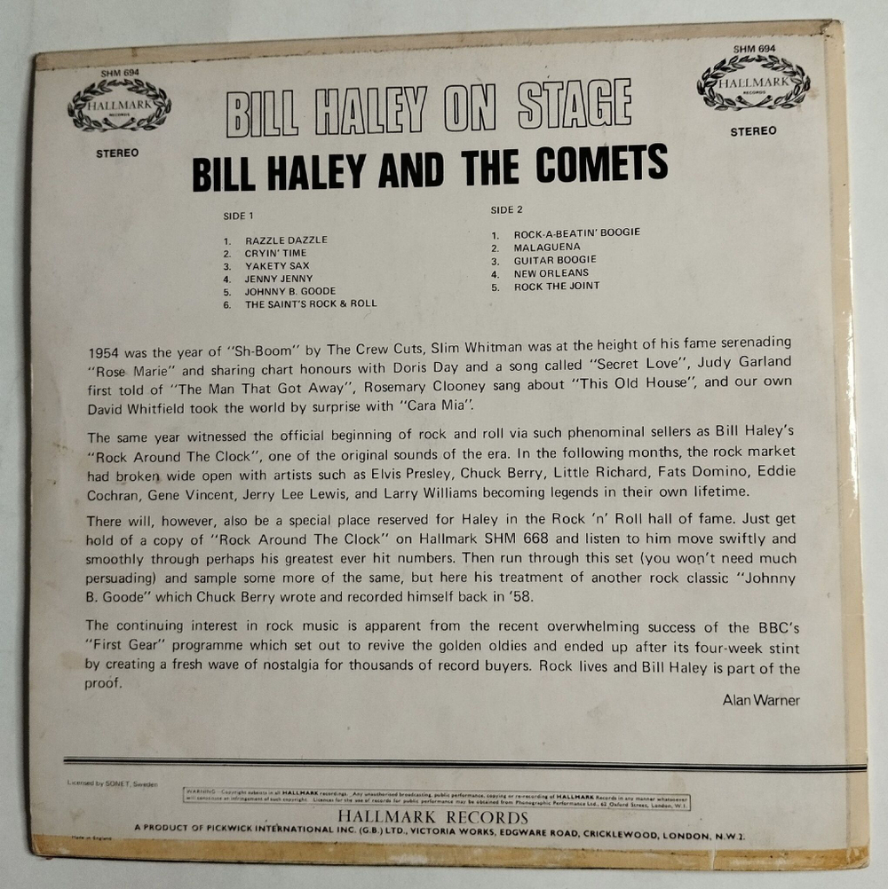 Винтажная виниловая пластинка LP Bill Haley And The Comets Bill Haley On Stage (UK 1968)