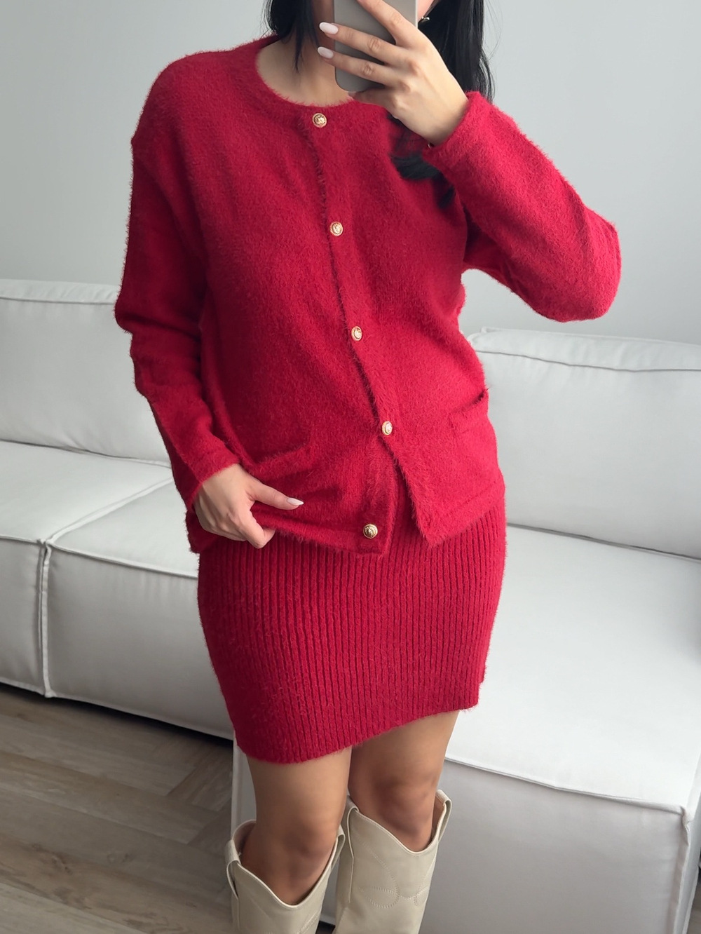 Комплект вязаный, пушистый, юбка и кардиган на пуговицах