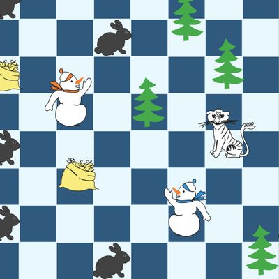 Новогодний шахматный  принт с кроликами и снеговиком
