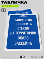 Табличка для бассейна "Запрещено проносить стекло на территорию около бассейна", на пляж, для общественной и частной зоны отдыха, информационная, 40х30 см, Silver Plane x Айдентика Технолоджи