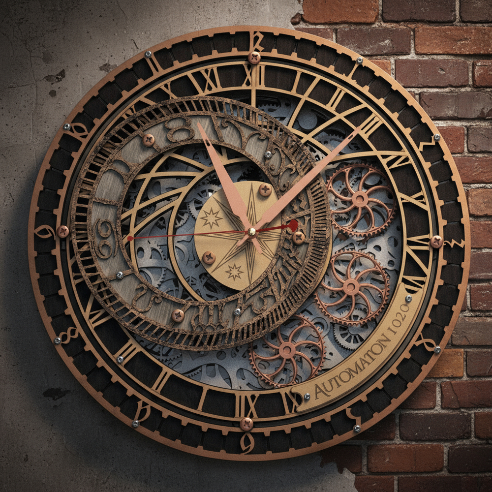Настенные часы WOODandROOT Automaton Prague на кирпичной стене, чёрно-золотая палитра, открытый механизм и вращающиеся шестерёнки