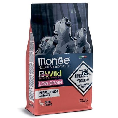 Сухой корм Monge Dog BWild LOW GRAIN Puppy & junior, для щенков, низкозерновой, из мяса оленя 2,5 кг