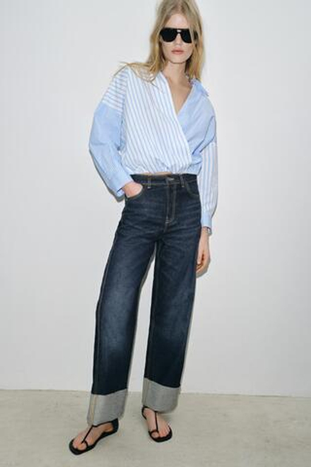 ZARA РУБАШКА ИЗ ПОПЛИНА В ПОЛОСКУ С ЭЛЕМЕНТАМИ ПЭЧВОРКА, СИНИЙ/БЕЛЫЙ