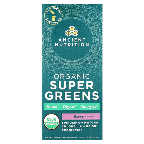 Ancient Nutrition, Organic Super Greens, ягоды, 16 упаковок в виде стиков, по 7,5 г (0,3 унции) каждая