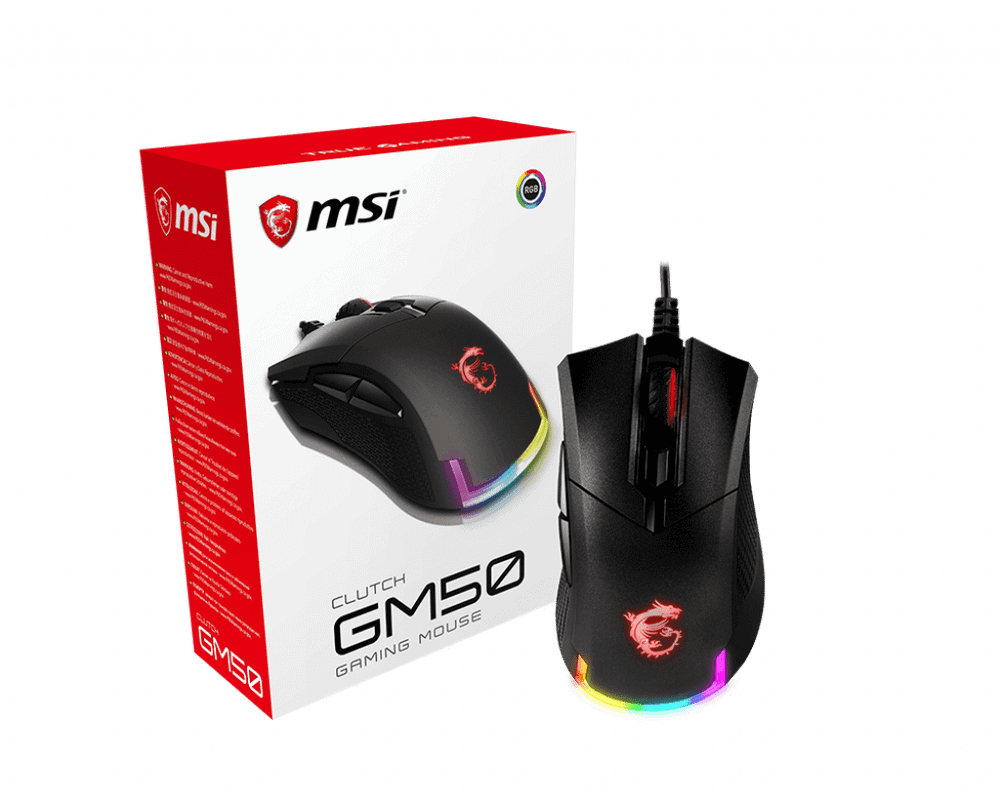 Мышь MSI Clutch GM50 USB2.0/TPE-кабель 2м/Вес 87г./RGB подсветка/Черный