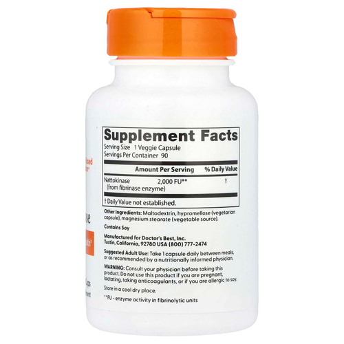 Doctor's Best, наттокиназа, 2000 фибринолитических единиц, 90 растительных капсул