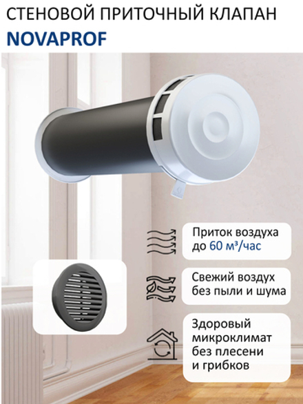 Приточный клапан NovaPROF с трубой 0,5 м и атмосферостойкой решеткой КИВ-125, RAL7024, цвет графитовый серый или серый