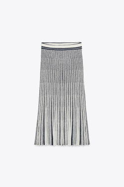 ZARA ТРИКОТАЖНАЯ ЮБКА В ПОЛОСКУ С РАЗРЕЗОМ, БЕЛЫЙ/ТЕМНО-СИНИЙ