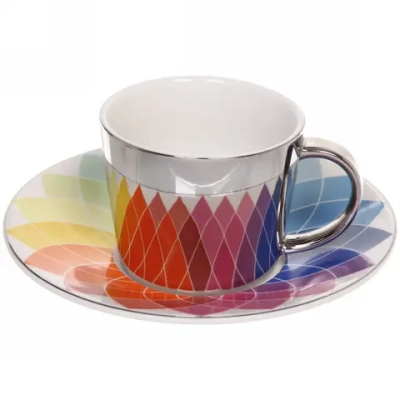 Чайная пара (зеркальная кружка 230мл+блюдце) анаморфный дизайн «Радуга»