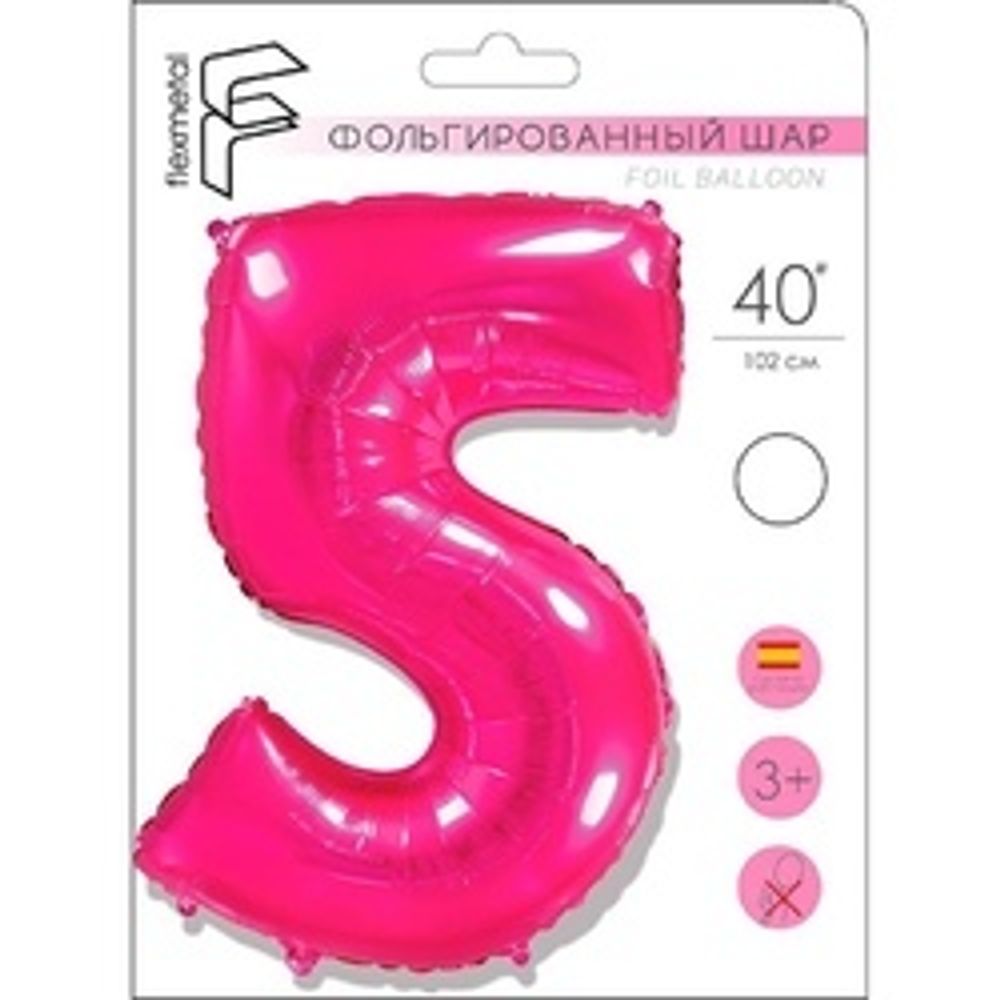 Шар (40"/102 см) Цифра "5" Фуксия в упаковке / Five