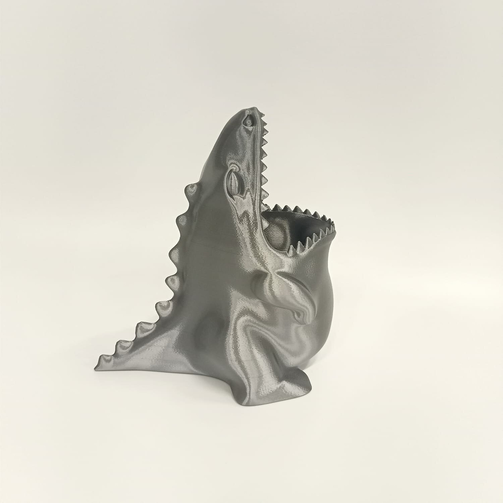 Подставка для карандашей голодный Динозаврик, серебристый, 3D печать