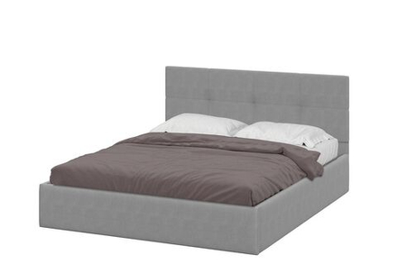 Кровать, двухспальная, мягкая спинка, серая, ЛДСП, текстиль