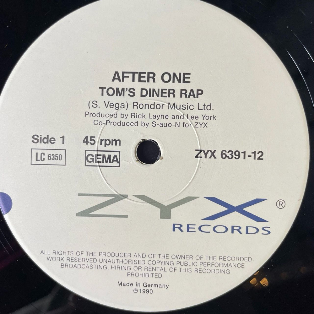 Винтажная виниловая пластинка LP After One Tom's Diner Rap (Germany 1990) Maxi Single 45 RPM