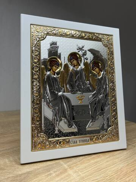 Св. Троица, икона прямоугольная с рамкой, белое дерево 185х235
