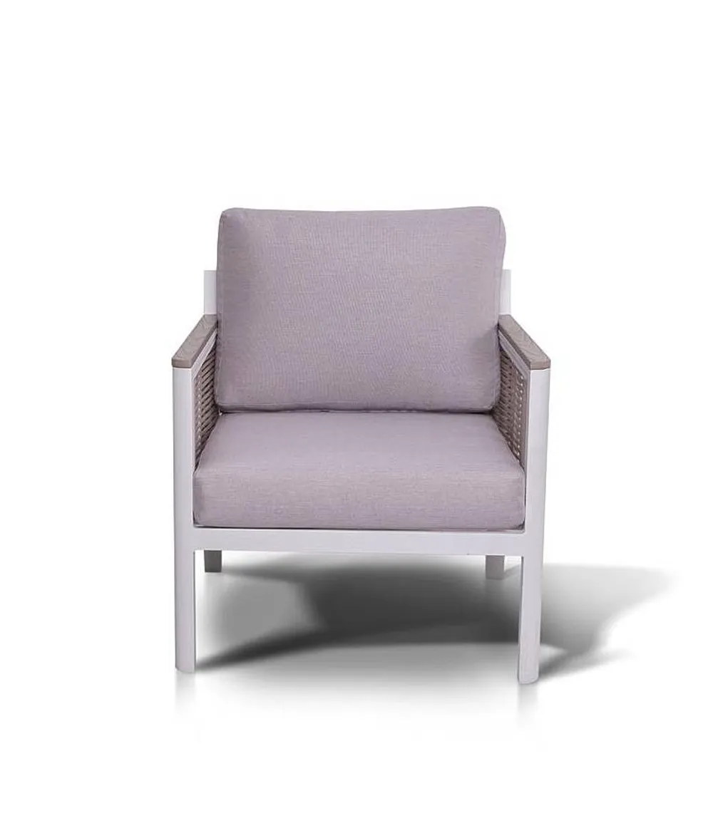 "Сан Ремо" кресло плетеное из роупа садовое, каркас алюминий белый, роуп бежевый, ткань бежевая