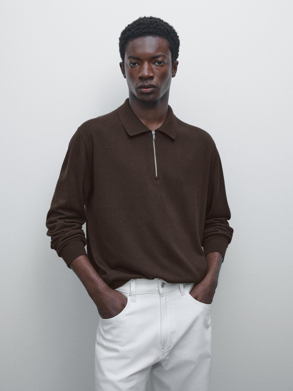 Massimo Dutti Свитер поло с молнией, коричневый