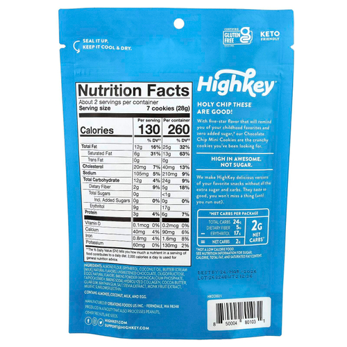 HighKey, Mini Cookies, шоколадная крошка, 56,6 г (2 унции)