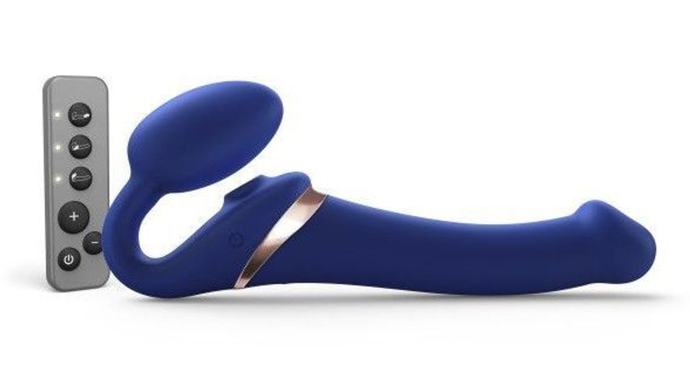 Синий безремневой страпон Multi Orgasm Size M с клиторальной стимуляцией