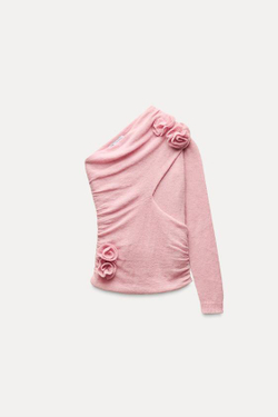ZARA ТОП АЖУРНОЙ ВЯЗКИ С ЦВЕТОЧНЫМИ АППЛИКАЦИЯМИ, РОЗОВЫЙ