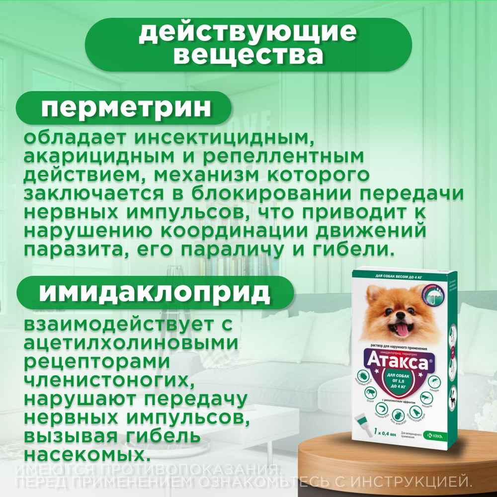 Капли от блох, клещей, вшей, власоедов, а так же кровососущих мух и комаров для собак от 1,5-4 кг Атакса (KRKA), 1 пипетка Имидаклоприд/Перметрин