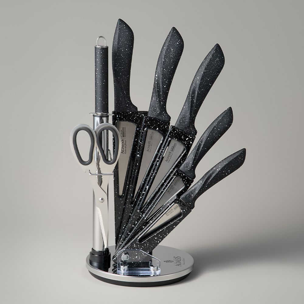 НАБОР НОЖЕЙ AGNESS С НОЖНИЦАМИ И МУСАТОМ НА ПЛАСТИКОВОЙ ПОДСТАВКЕ, 8 ПРЕДМЕТОВ