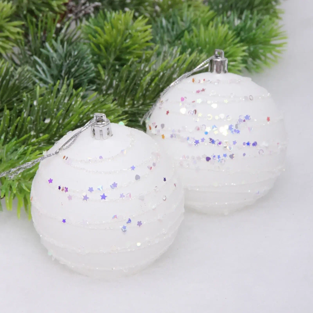 Новогодние шары «Снежный вечер» 8 см (набор 2 шт), Белый (напыление белое)