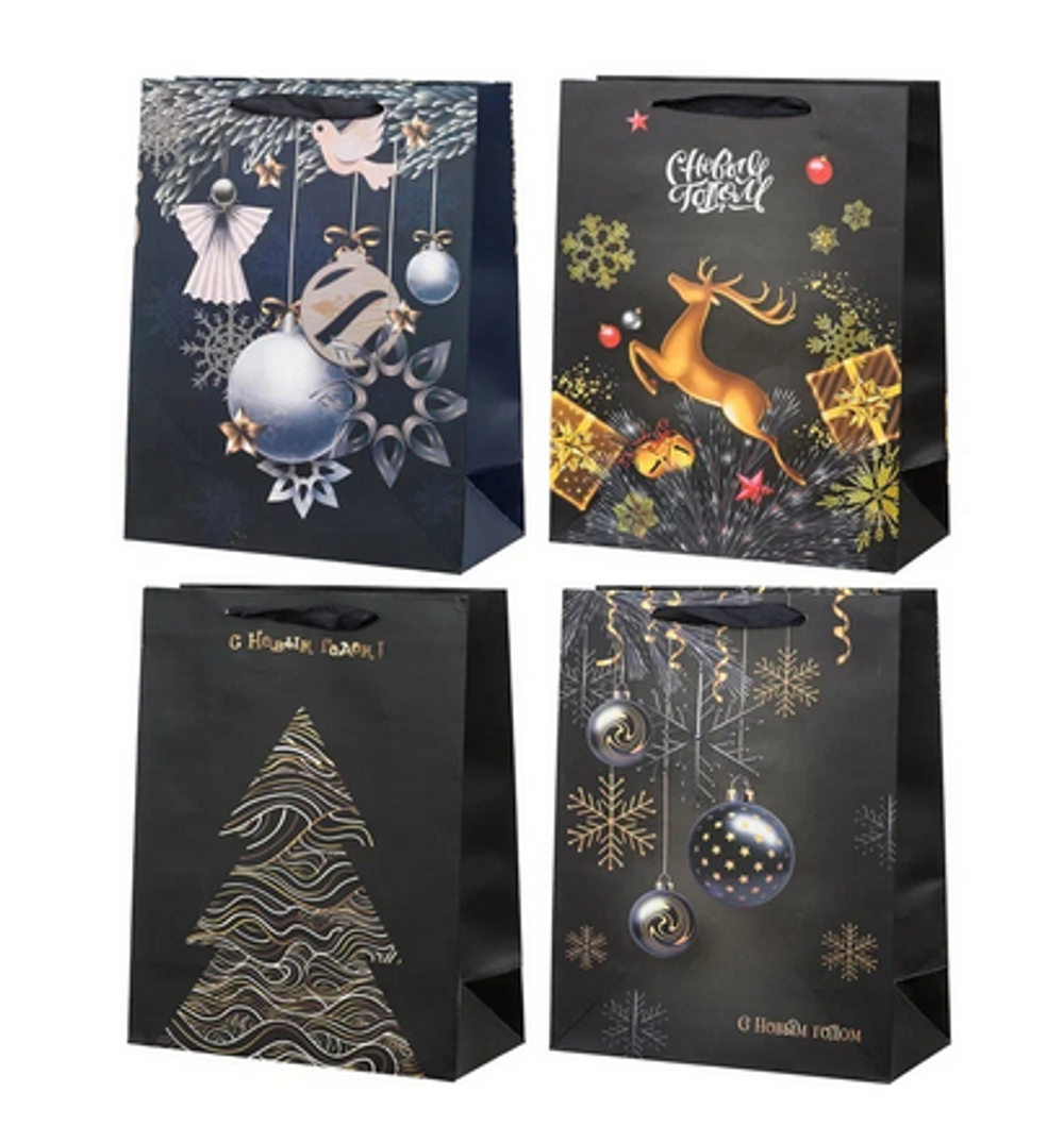 Пакет подарочный "С новым годом!" рисунок на чёрном фоне, 26*32*12см, в ассорт. (Basir)