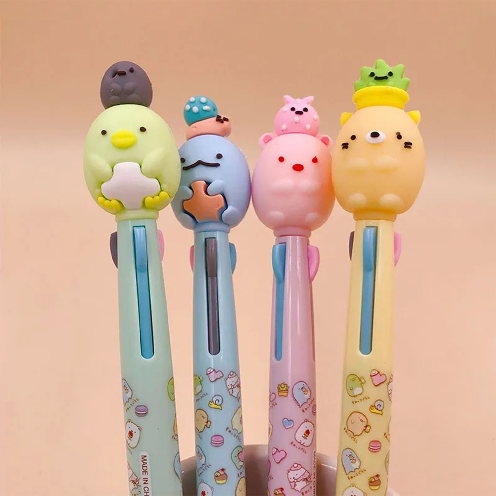 Ручка шариковая автоматическая 3 в 1 с фигуркой милых животных, MC-Basir, Авторучка канцелярская детская 3 цвета с резиновой игрушкой