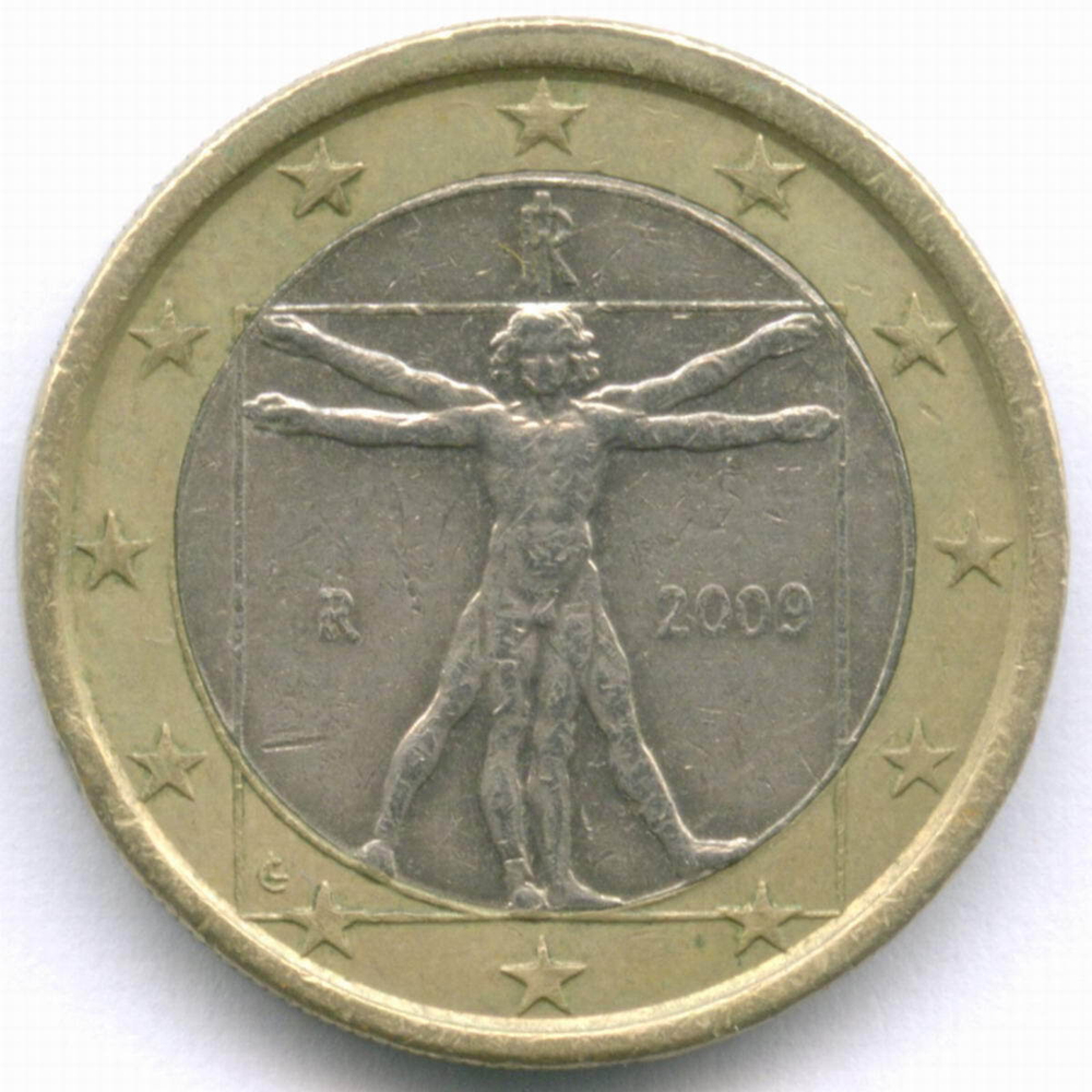 1 евро 2009 год. Италия. Регулярный выпуск. Тип 2. Биметалл VF