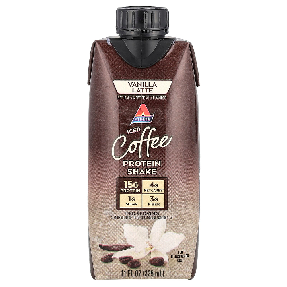 Atkins, Кофейный протеиновый коктейль со льдом, ванильный латте, 4 коктейля, 325 мл (11 жидк. унц.)