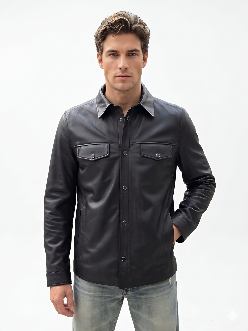 KHIMEONE Мужская кожаная куртка-рубашка из натуральной кожи наппа (Nappa)