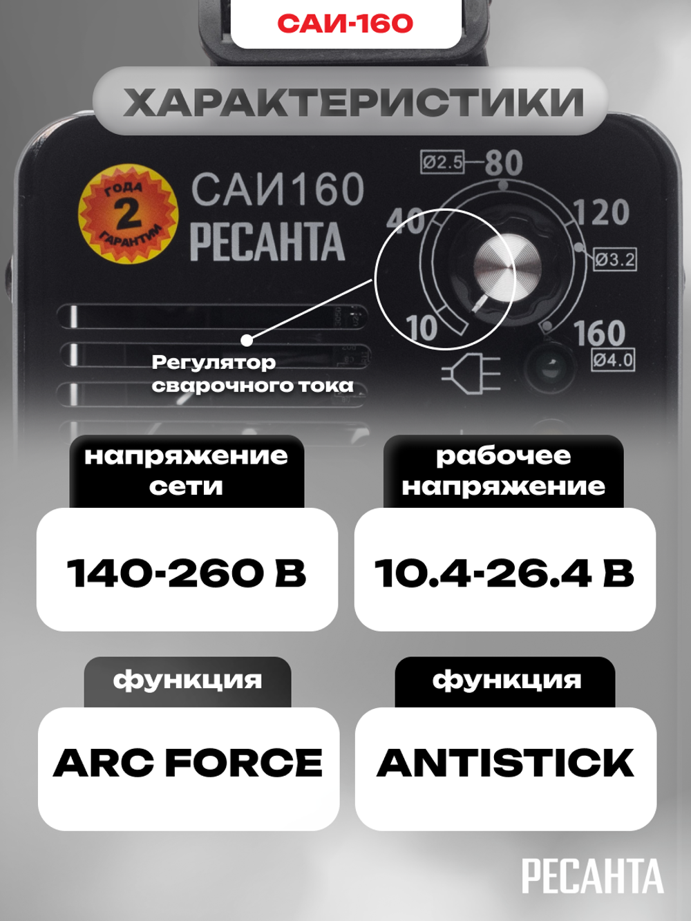 Сварочный аппарат инверторный Ресанта САИ-160 (ММА, 160 А, ПВ - 70%)