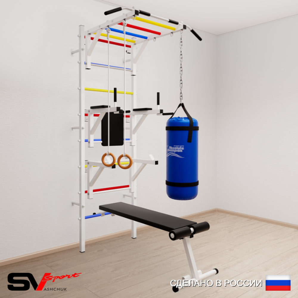 Шведская стенка Sv Sport 5611 (Турник рукоход/Брусья/Стойка/Скамья/Кольца/Цепь/Мешок 15кг)
