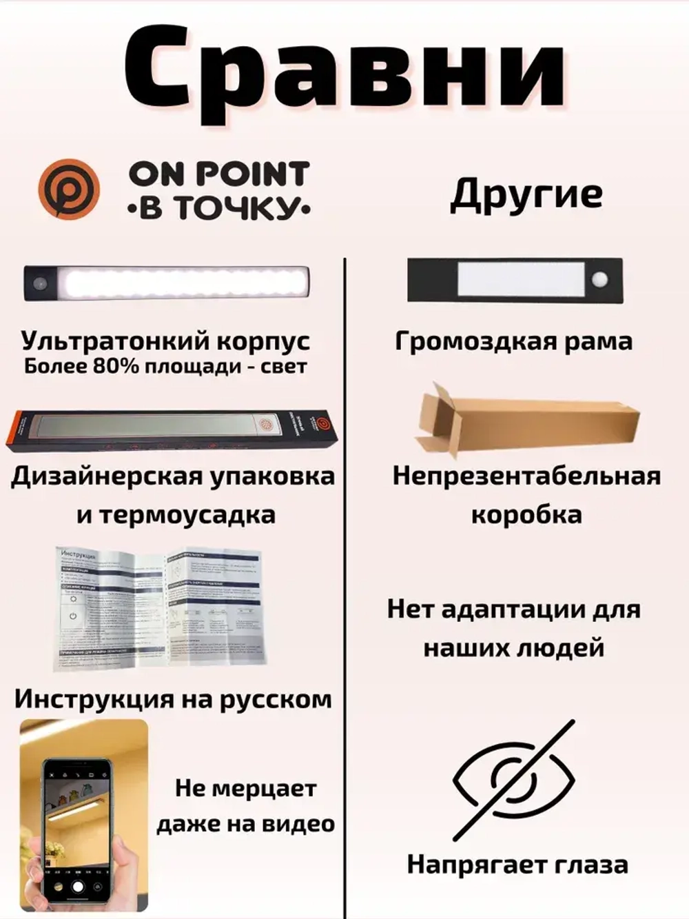 Светильник с датчиком движения, 30 см беспроводной на аккумуляторе