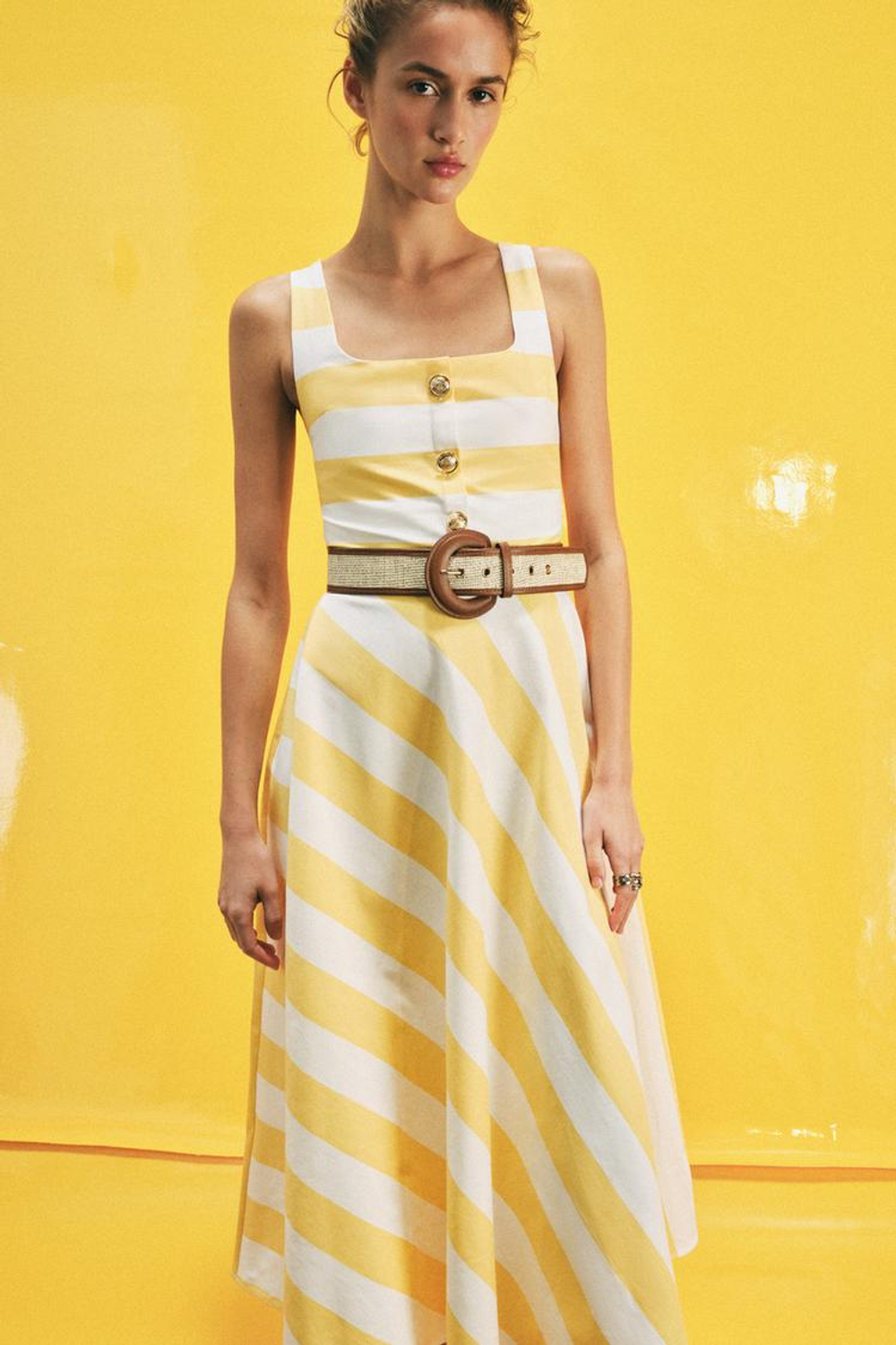 ZARA ПЛАТЬЕ МИДИ В ПОЛОСКУ С РЕМНЕМ, С ПРИНТОМ