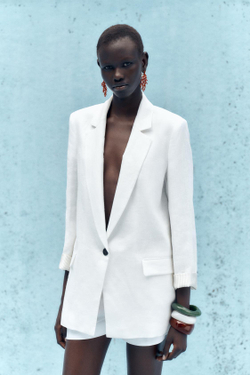 ZARA БЛЕЙЗЕР ИЗ 100% ЛЬНА С МАНЖЕТАМИ, БЕЛЫЙ