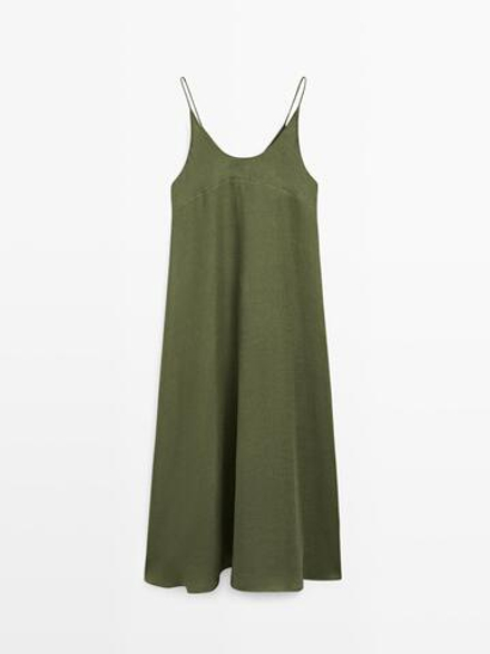Massimo Dutti Струящееся платье миди на тонких бретелях, зеленый